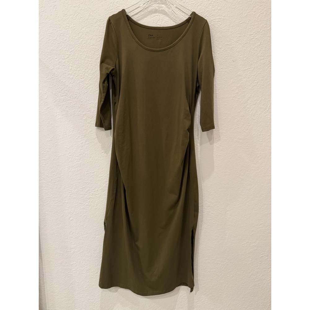 PACT Organic Cotton Olive Green Ruched Midi Dress XL Fair Trade Capsule Wardrobe